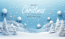 Winter Scene Of A Snowy Landscape. Merry Christmas And New Year Greeting Card. Christmas Text Calligraphic