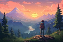 Pixel art depiction of an adventurous explorer that is looking at majestic landscape