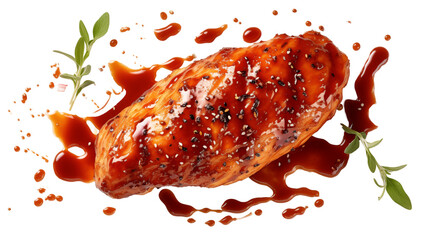 Closeup of a grilled chicken breast with barbecue sauce isolated on transparent background