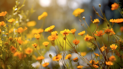 Banner panorama of wild flowers of daisies in a yellow summer field in nature.