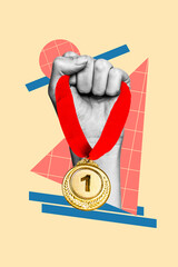 Vertical collage picture of black white colors arms hold first place champion gold medal isolated on beige background