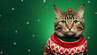 Cat in Christmas clothes on Ugly Sweater Day