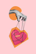 Vertical Template Collage Of Human Hands Fingers Manipulation Strings Heart Symbol Marionette Feelings Isolated On Pink Color Background