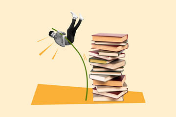 Wall Mural - Collage image of excited mini black white effect guy jump rope vault big pile stack book isolated on beige background