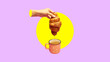 Female hand dipping crispy sweet croissant into mug with delicious coffee with milk. Breakfast. Contemporary art collage. Concept of popular drink, creativity, taste. Poster. Copy space for text, ad