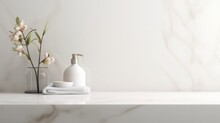 Modern bathroom interior with white tones. Empty marble table top for product display with blurred bathroom interior background.