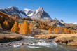 Autumn in Claree Valley in the French Alps with larch trees, Claree River, and Main de Crepin mountain peak. Cerces Massif, Hautes Alpes, France