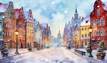 Street in a town in Europe with beautiful colourful buildings in winter, empty streets and snow falling, Christmas eve.