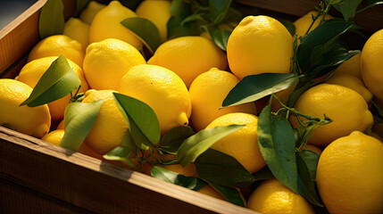 Poster - Ripe yellow lemons in the wooden box, Crate of freshly picked lemons on wooden table in lemon grove