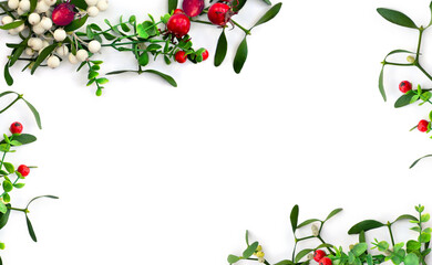 Wall Mural - christmas decoration. branches with leaves and white berries mistletoe, red berries on a white backg