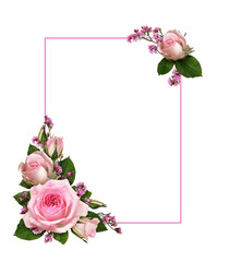 Wall Mural - Pink rose flowers and limonium in a corner floral arrangements with frame isolated on white or transparent background