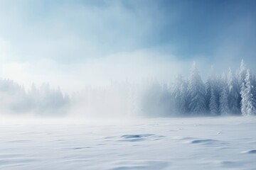  Foggy winter forest with snow. Winter seasonal concept.
