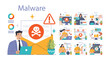 © inspiring.team - Cybersecurity set. Protecting data from threats. Users confronting various malware types: virus, ransomware, spyware. Adware dangers, botnet traps, worm intrusions. Flat vector illustration