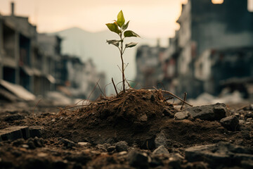 Wall Mural - Young tree growing trough dead soil in a War destroyed city. Hope and peace concept.