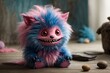 A little blue and pink furry monster with teeth lurks in the colorful background. The image showcases a furry art with cute and colorful elements. Generative Ai.
