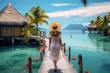 Lovely graceful lady in long skirt in a luxury resort with beautiful seascape. Summer tropical vacation concept.