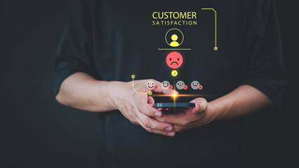 Poster - Customer review and feedback with angry emotion face on virtual screen.