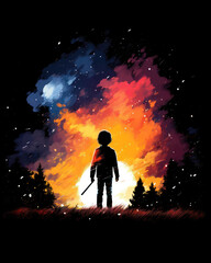 Wall Mural - Silhouette of young boy on a background of the night sky