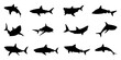 Black shark silhouette collection. Set of different shark silhouette on a white background. Shark silhouette in variety pose