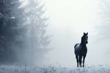 A Horse Stand In Foggy Winter Woods With Snow.