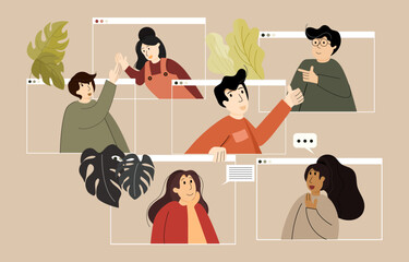 Teamwork communication online concept, people managing corporate business online, connecting together. Concept design of team and freelance online, and home office teamwork. Flat vector illustration.