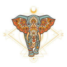 Elephant Sacred Geometry Retro. Vector Illustration. Flower Ethnic Drawing. Elephante Animal Nature In Zen Boho Style. Hippie, Eastern Style