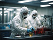 BSL-3. Biosafety Level 3 Laboratory with people working in biohazard suits