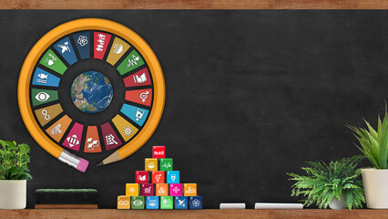 Wall Mural - 3D rendering Sustainable Development Wheel with round pencil on Black chalkboard. School Blackboard concept. Corporate social responsibility. Colorful cubes and indoor plants.