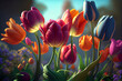 Beautiful tulips during a sunny day in the multicolored tulip field. Beautiful spring flowers. illustration