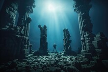 A Diver Explore A Underwater Temple Relic Of Old Remains Historical Buildings In Deep Sea. Vacation Travel Concept.