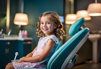 Wall Mural - Little girl sitting in a children's dental chair, Healthy teeth, dentistry