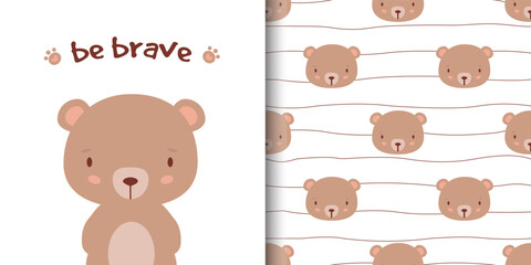 greeting card with cute bear and children's pattern companion. seamless pattern included in swatch p