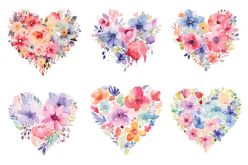 Watercolor love shape floral design set, watercolor flower love vector