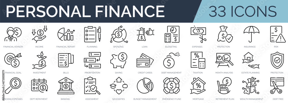 Set of 33 outline icons related to personal finance. Linear icon ...