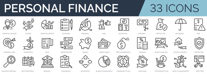 set of 33 outline icons related to personal finance. linear icon collection. editable stroke. vector