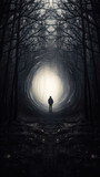 Fototapeta Las - Mysterious silhouette of a man in a dark foggy forest with a glowing light