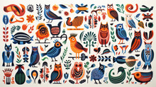 A Variety Of Animals In Different Colours, In The Style Of Traditional Mexican, White Background.