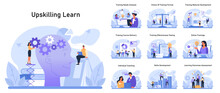 Upskilling Set. Professionals Engaging In Training Modules. Training Needs Analysis, Online Courses, And Skills Enhancement. Flat Vector Illustration.