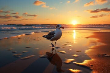 Wall Mural - Seagull Silhouette Against Vibrant Sunset Sky Reflected on Calm Ocean Waters