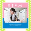 Composite of stem text with caucasian scientist using electronic device in factory