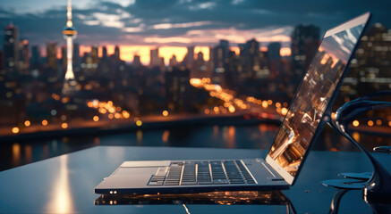 Aufkleber - A sleek laptop against a city skyline.