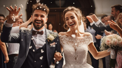 Wall Mural - Guests Throwing Confetti On Couple During Garden Wedding, Happy wedding of bride and groom at wedding ceremony.