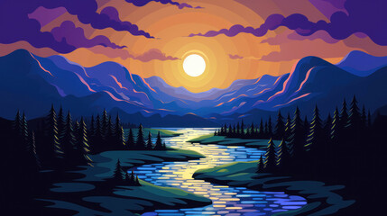 Canvas Print - Landscape with river and mountains in the evening. Vector illustration