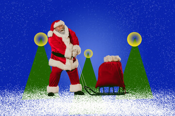 Wall Mural - Photo collage minimal of funky impressed santa delivering heavy christmas presents isolated graphical background