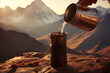 A hand pours water from a stainless steel flask into an insulated cup on a rock ledge, with the golden hues of a mountainous sunrise in the background.