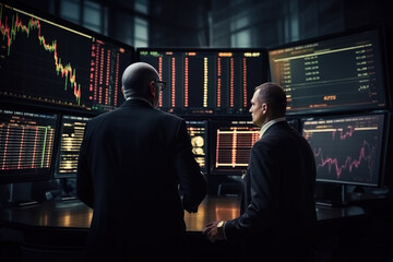 Wall Mural - Rear view of men traders sitting at desk at office together monitoring stocks data charts on screen analyzing price flow.