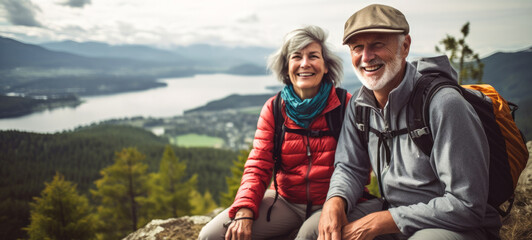 Wall Mural - Senior couple hike and fitness. Happy mature couple enjoying a hike and explore in nature