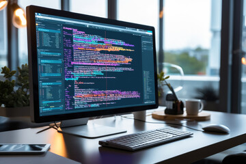 Modern office desk with computer monitor and Software development programming for modish application and program coding.