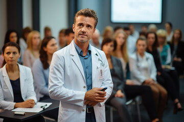 Male doctor giving presentation to group of people in board room, Seminar business, Meeting, Doctor conference, Audience presentation.