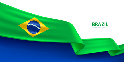 Wall Mural - Brazil 3D ribbon flag. Bent waving 3D flag in colors of the Brazil national flag. National flag background design.